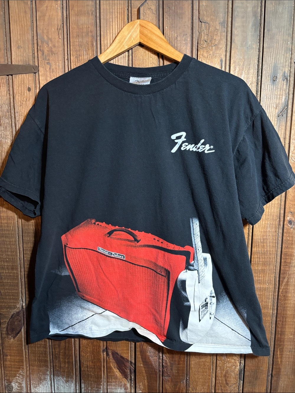 Fender Black Tee with Red Amp and White Guitar Graphic